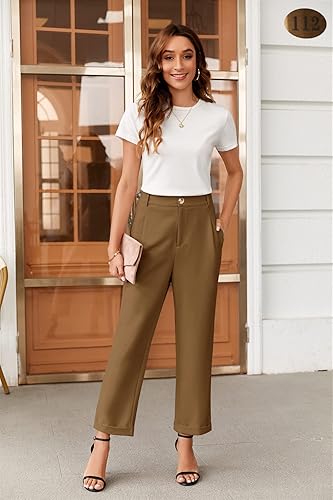 Miniatura 6 de Febriajuce Pantalones de vestir de cintura alta elástica para mujer, pantalones de trabajo plisados con botones, pantalones de trabajo de pierna
