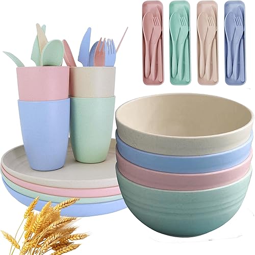 32 Wheat Straw Dinnerware Set - Unbreakable Microwave & Dishwasher Safe Plates and Bowls Tableware for Kitchen Camping Outdoor Travel