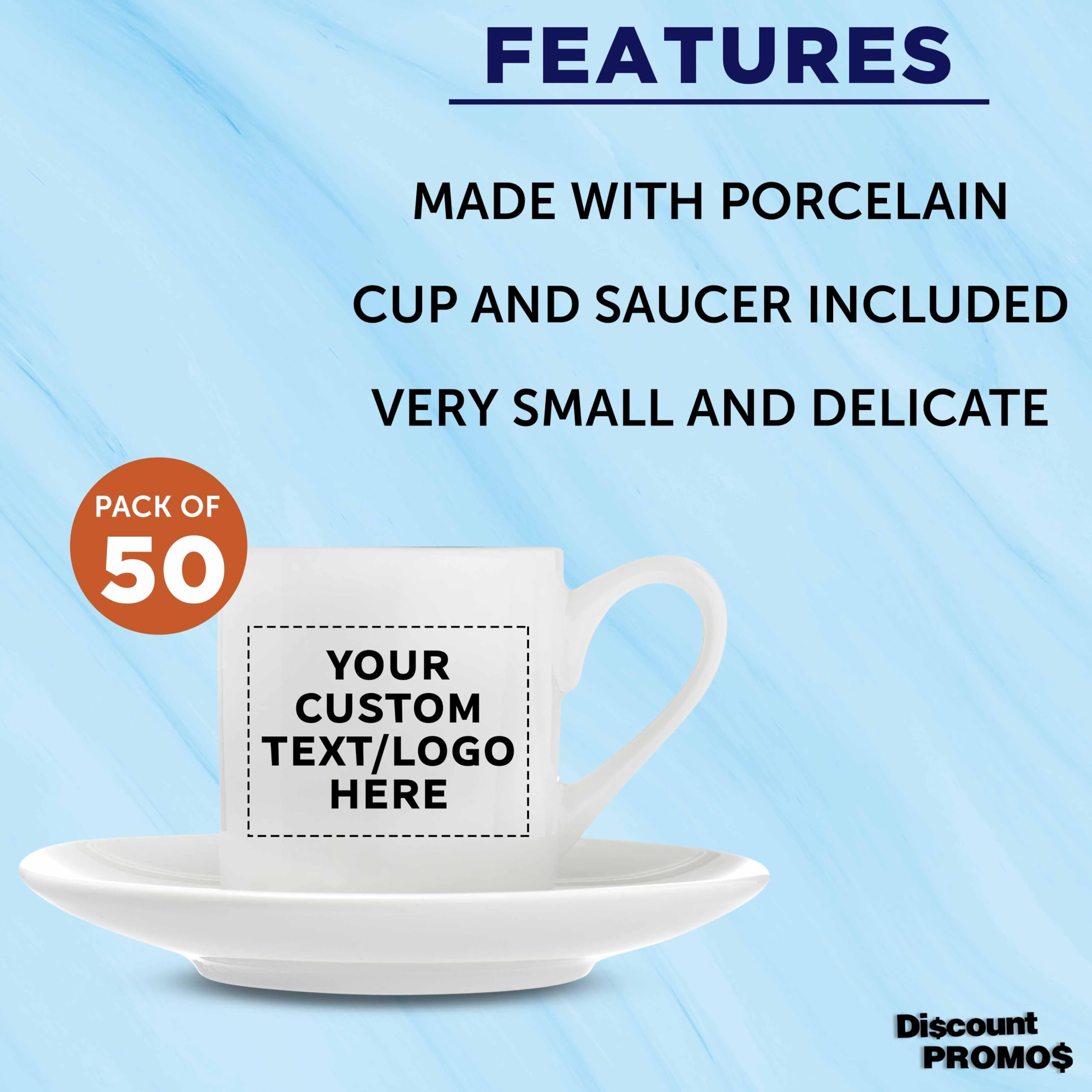 DISCOUNT PROMOS 50 Espresso Cups with Saucers Set, 3 oz. - Personalized Text, Logo - Practical, Porcelain, Coffee Shops - White