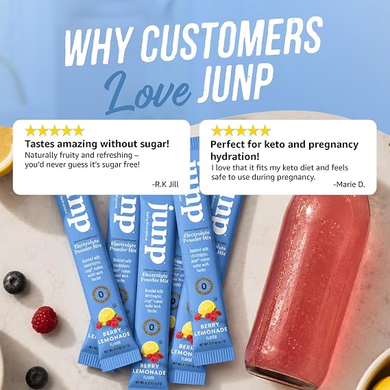 JUNP Sugar Free Electrolytes Powder Packets for Water Instant Hydration Packets with Salt & Potassium, Zero Calorie No Carbs No Sugar Electrolyte Drink Mix Sticks, Keto Friendly Berry Lemonade, 20 ct