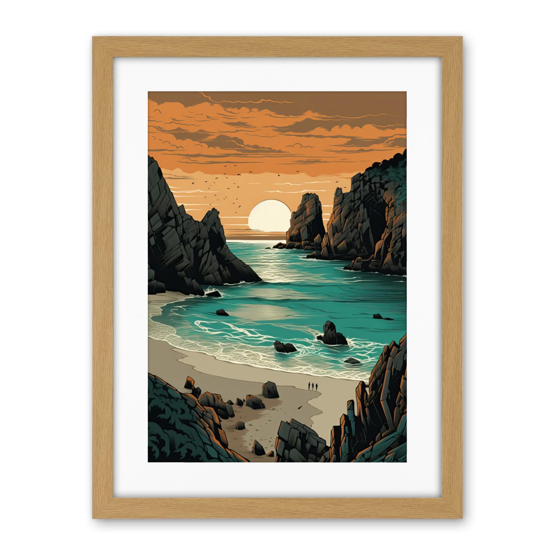 Artery8 Porthcurno Beach Sunrise Coastal Landscape Artwork Framed Wall Art Print 18X24 Inch