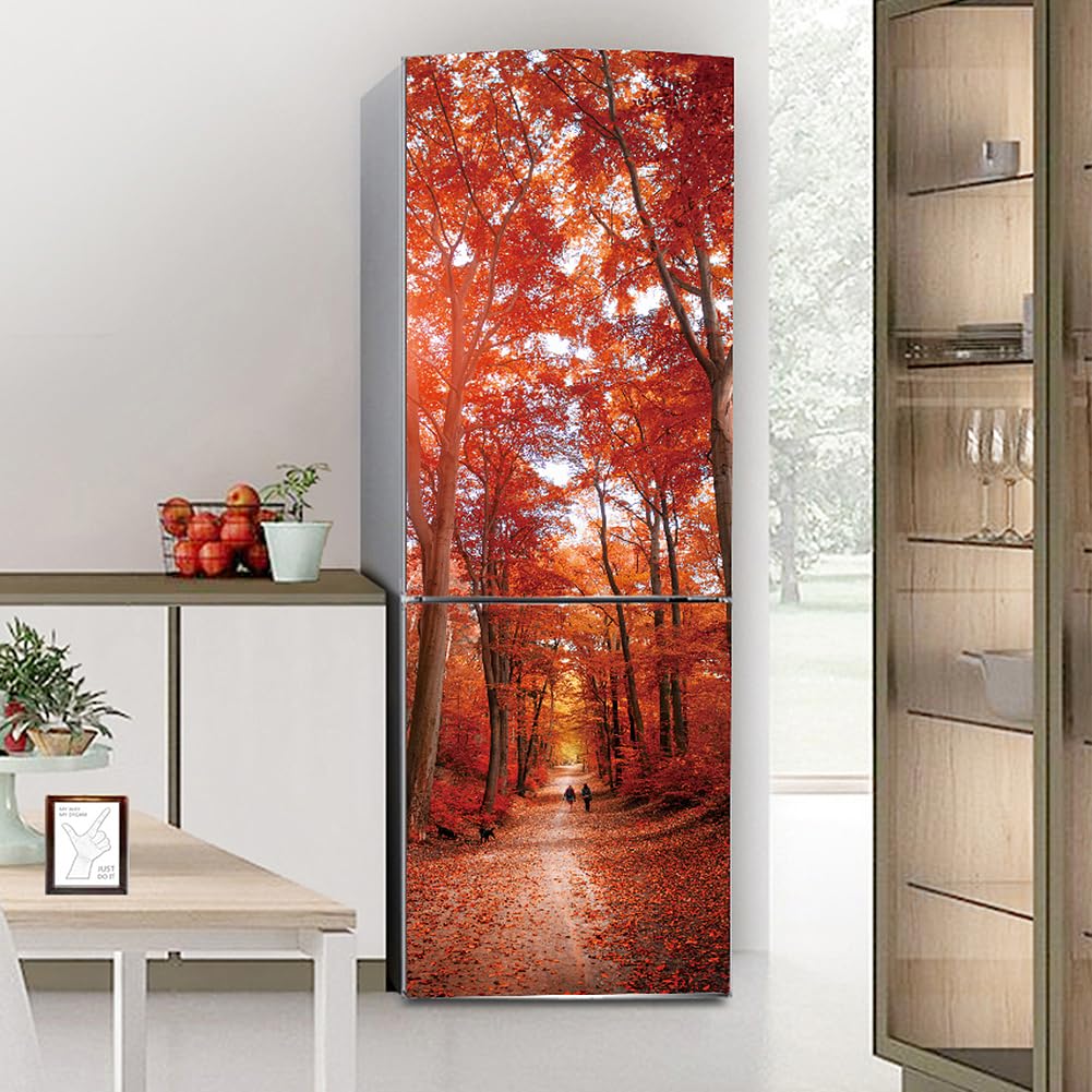 Myxjx One Color Fridge Wrap, Full Covering Door Fridge Covers Skins Wall Stickers For Kitchen Decal, Red Forest Road Landscape