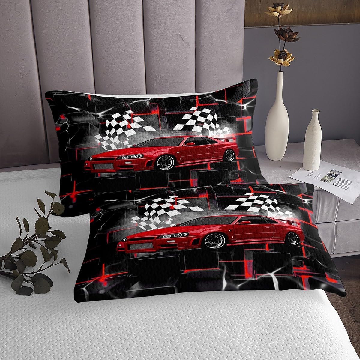 Feelyou Sports Car Bedspread Red Race Car Bedspread for Kids Boys Girls Extreme Sport Coverlet Set Racing Gaming Quilted Bedroom Collection 2Pcs Twin Size
