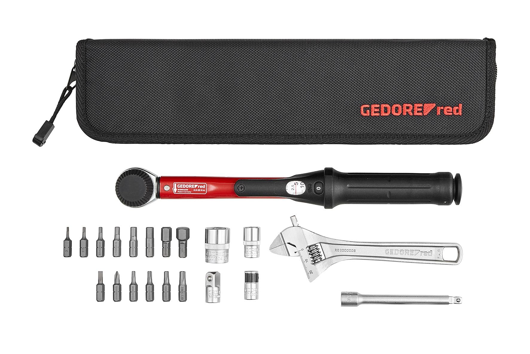 GEDORE rojo Fahrrad Werkzeugset Profi für die Werkstatt, 25-teilig, Rollgabelschlüssel, Bitschraubendreher 1/4', Universal-Reparaturset mit Tasche, R21702025, Schwarz/Rot