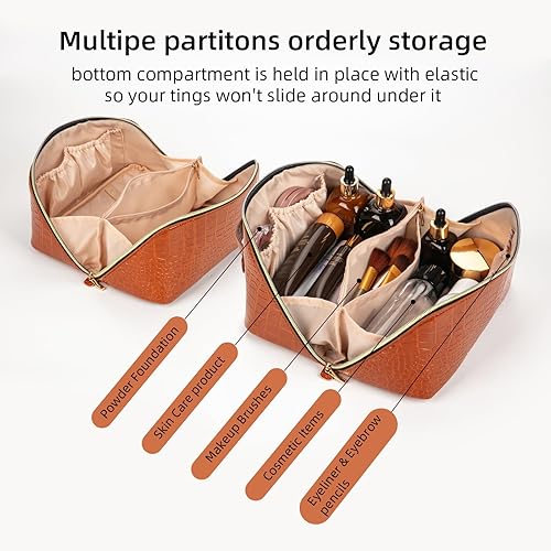 Miniatura 2 de Bolsa de maquillaje para mujer, bolsa de cosméticos de viaje de gran capacidad, impermeable, de piel sintética, portátil, bolsa de viaje para