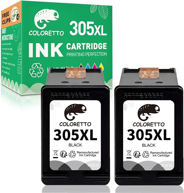 COLORETTO 305XL 2 Black Remanufactured Printer Ink Cartridge Replacement HP 305 XL for DeskJet Plus 4110 4120 4130 HP Envy 6010 6020 6022 6030 6032 HP Envy Pro 6420 6422 6430 6420 DeskJet 2710 2720