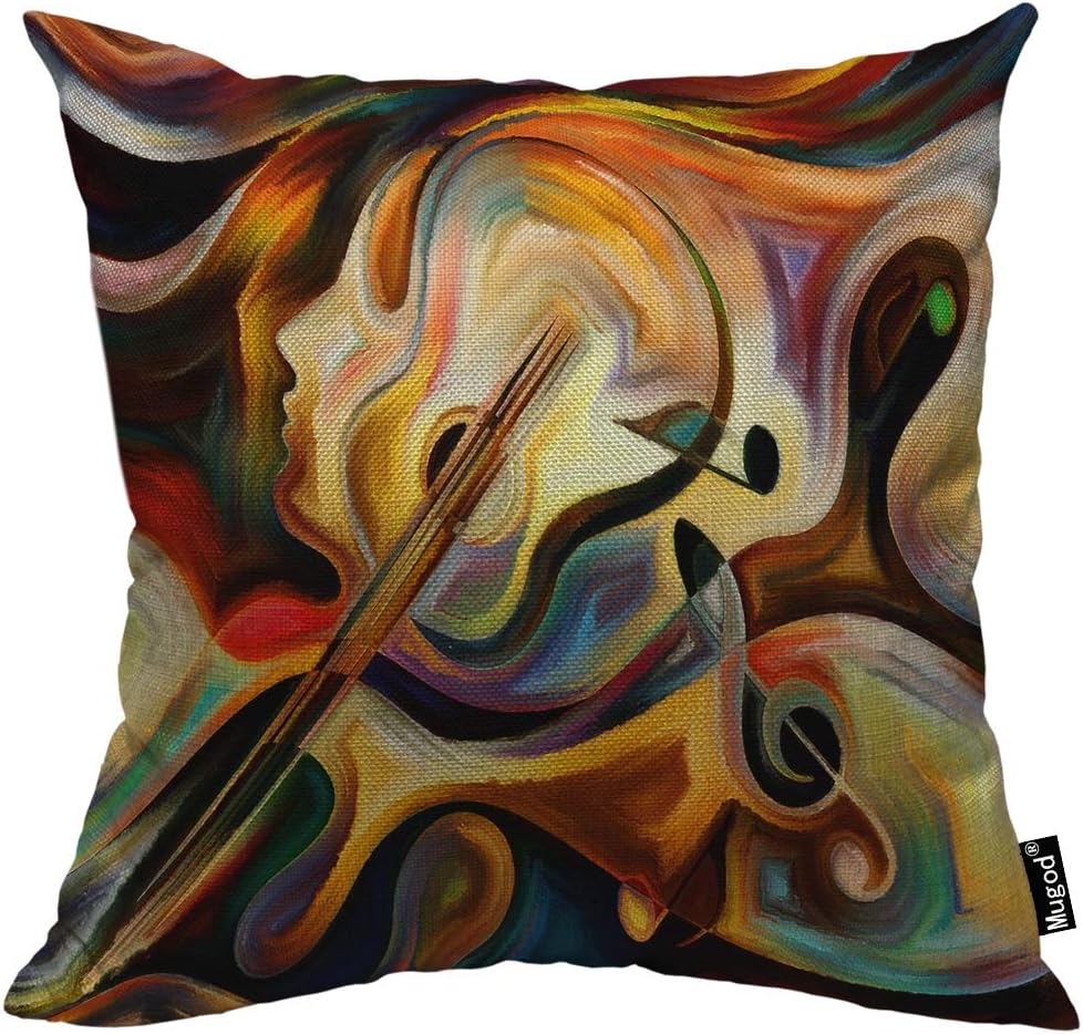 Mugod Guita Decorative Throw Pillow Cover Case Fluttering Mobile Human and Musical Note Red Brown Black Cotton Linen Pillow Cases Square Standard Cushion Covers for Couch Sofa Bed 18x18 Inch