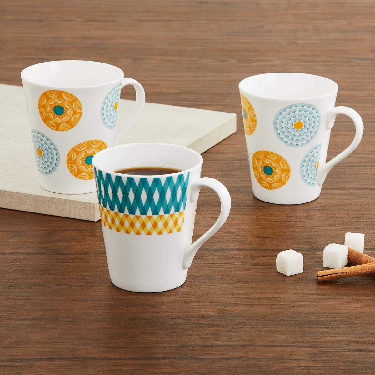 Home Centre Mandarin Printed Bone China Mugs - 3 Pcs - Blue, 240 milliliter