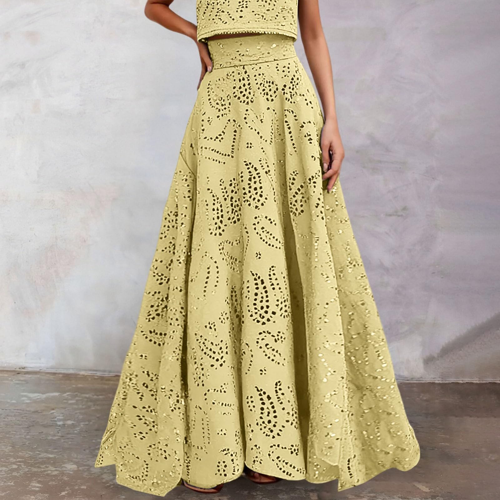 Falda Larga Mujer Verano, Faldas Mujer Verano Midi, Hueca con Estampado Floral Ideal Vacaciones Y Primavera con Top A Juego Lavable A MáQuina Color Faldas Skirt Falda Lunares Falda Vaquera Minifalda
