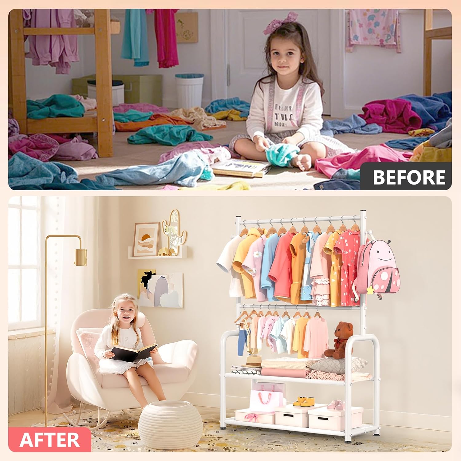 Kids Clothing Rack with 2-Layer Storage Shelf and 2 Adjustable Hanging Rods, Dress Up Rack for Hanging Clothes,Dress up Storage for Baby Toddle Kids(Classic, White)