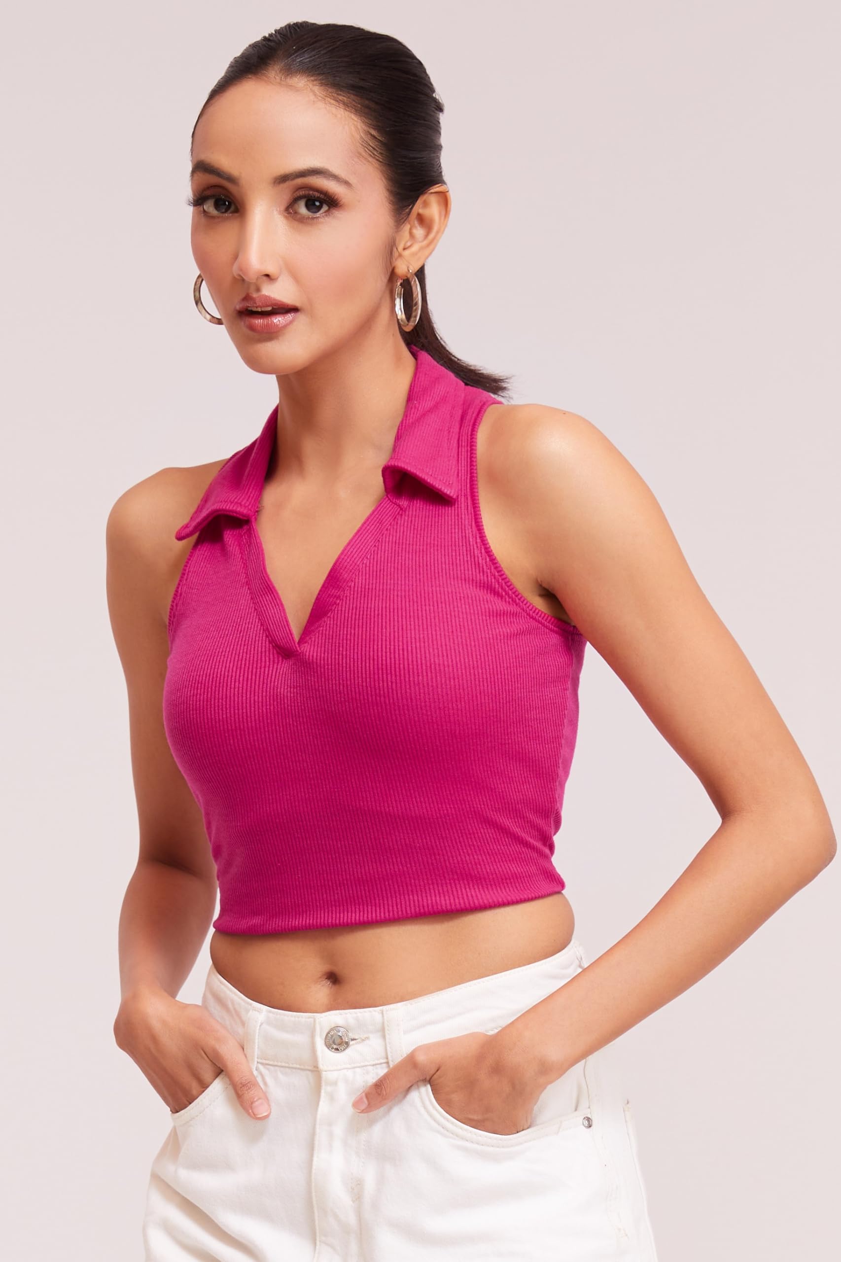 BERRY BIRD® Stylish Sleeveless V-Neck Slim Fit Collar Ribbed Knit Tank Crop Tops for Women & Girls Beach and Gym Wear and Western Trendy Fashion Pink 1