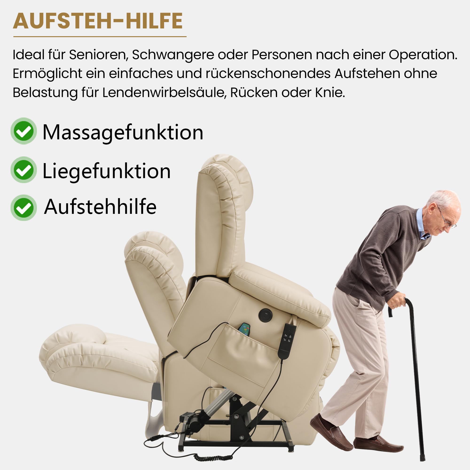 DUANDUAN 2 Motoren Elektrischer stufenlos verstellbar Relaxsessel mit 180° Liegefunktion, Sessel mit Schlaffunktion, Massagesessel mit Aufstehhilfe,Vibration und Heizung (Beige)