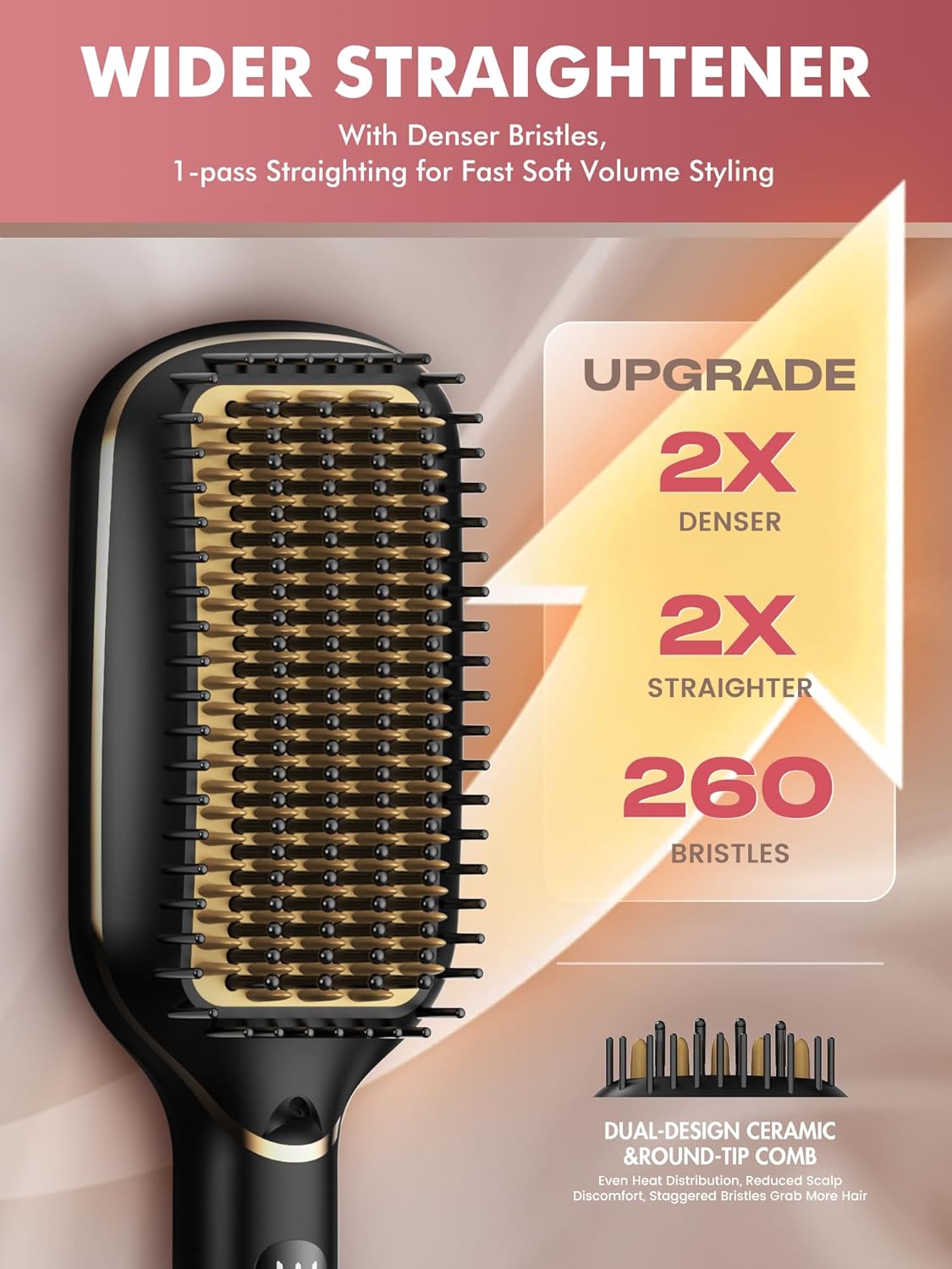 PRITECH Hair Straightener Brush - Upgraded Ionic Plus, Dense Bristles, 5 Temps, 20s Fast Heat, Anti-Scald, Dual Voltage | Ceramic for Thick/Curly Hair (Black Gold) - Image 3