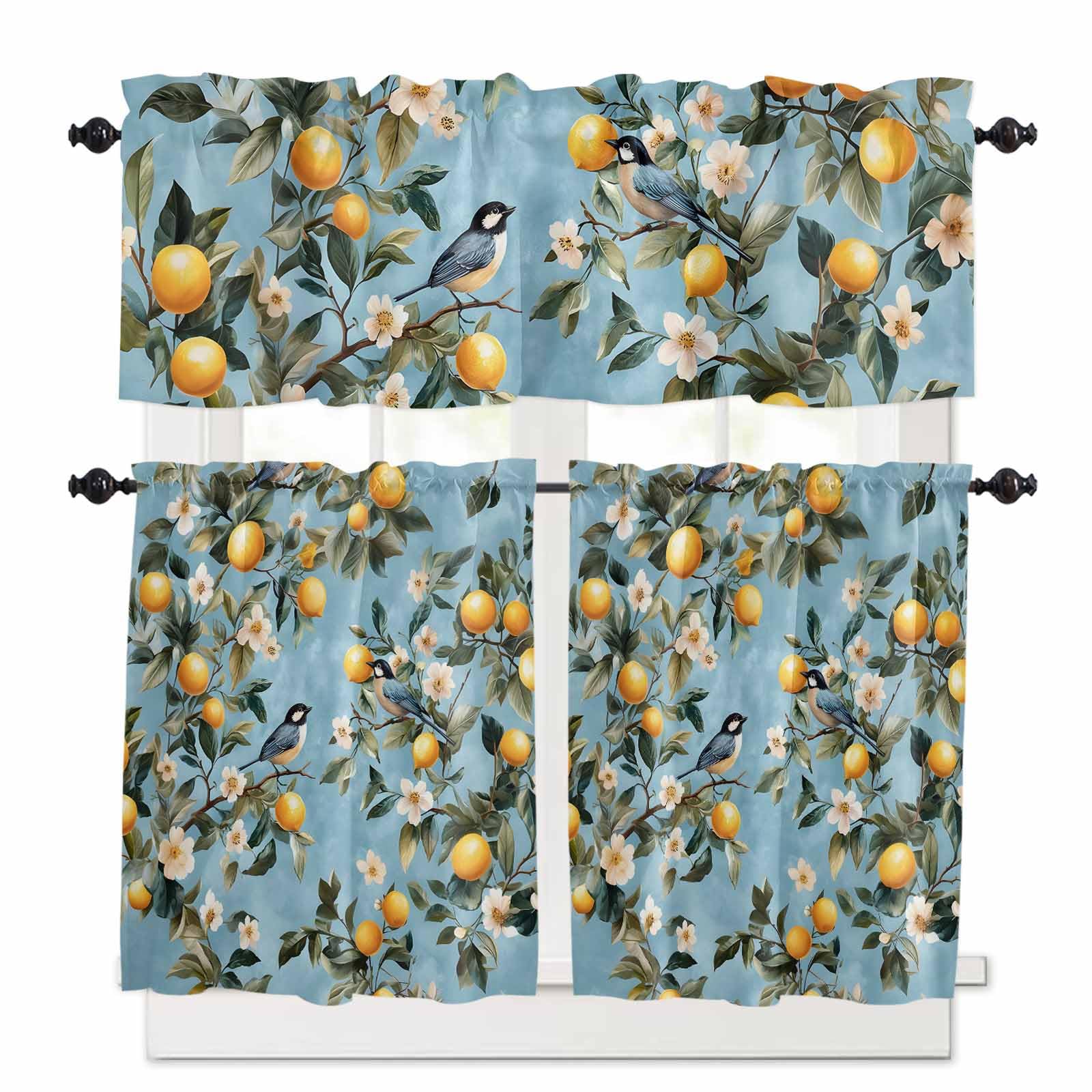 Lemon Flowers Kitchen Curtains 36 Inch Length,3 Piece Rod Pocket Small Half Tiers and Valance Set,Country Bird Plant Watercolor Blue Summer Small Large Window Treatment Decor for Bedroom/Bathroom