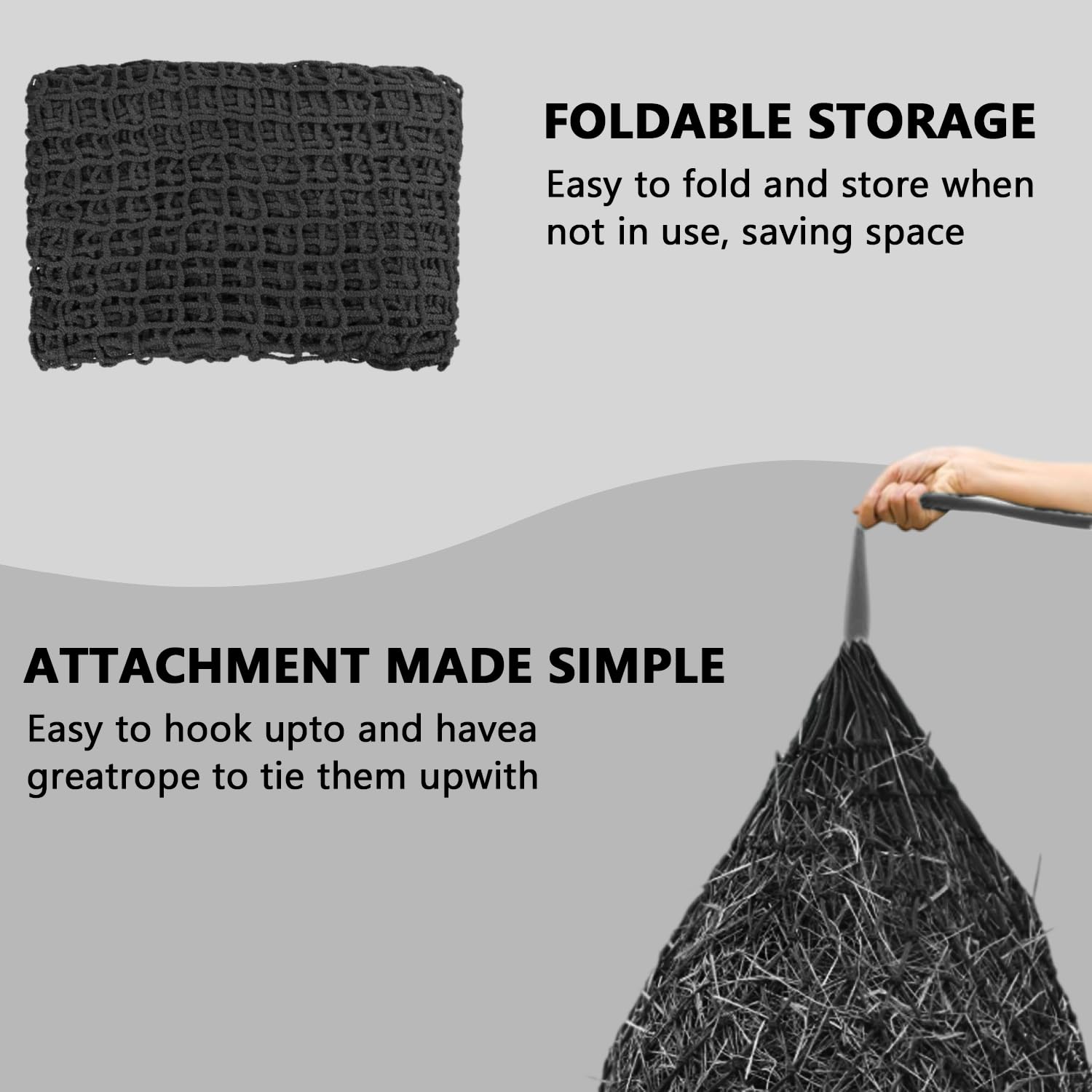 Rete da fieno, 1,2 x 7,2 m, per cavalli di grandi dimensioni, rete da fieno, balle rotonde, per aziende di cavalli agricole, allevamento, larghezza maglie 4,5 x 4,5 cm (nero)