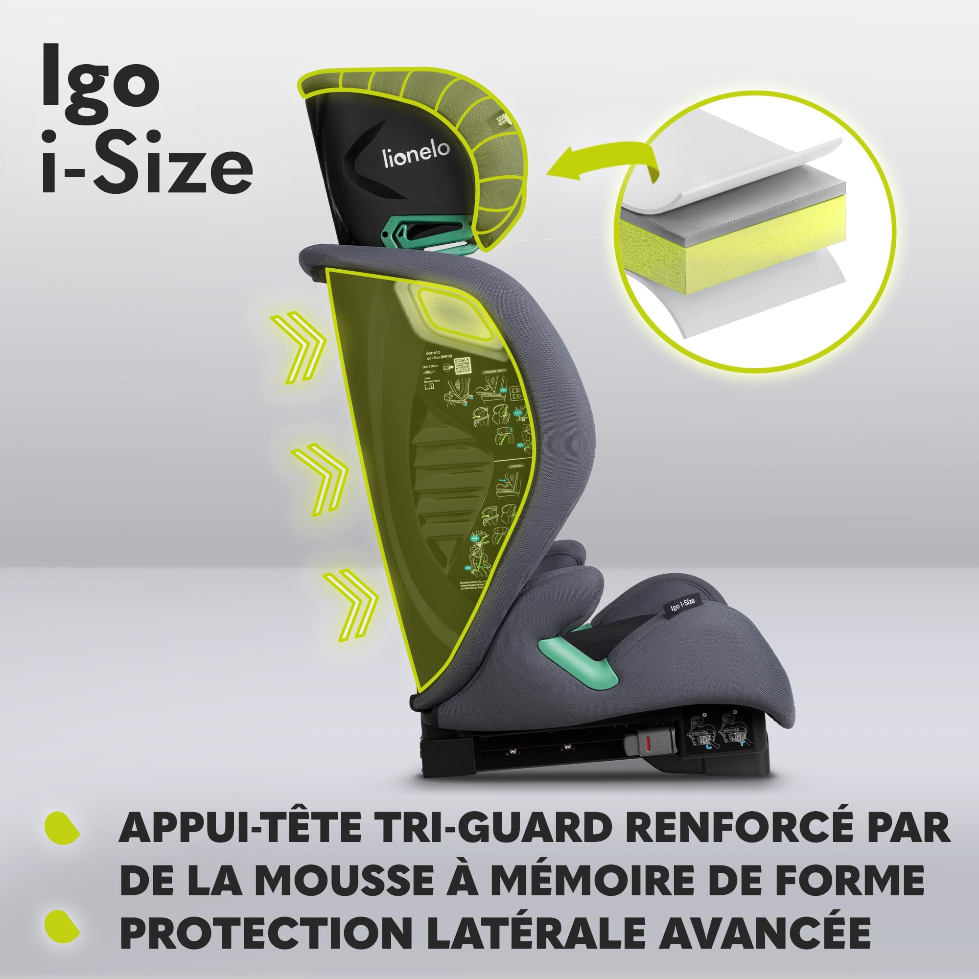 LIONELO IGO I-size Siège-auto pour enfants, groupe 2 3, de 100 à 150 cm ISOFIX ou fixation frontale sans ceinture, dossier et appui-tête réglables avec dossier amovible (Grey)