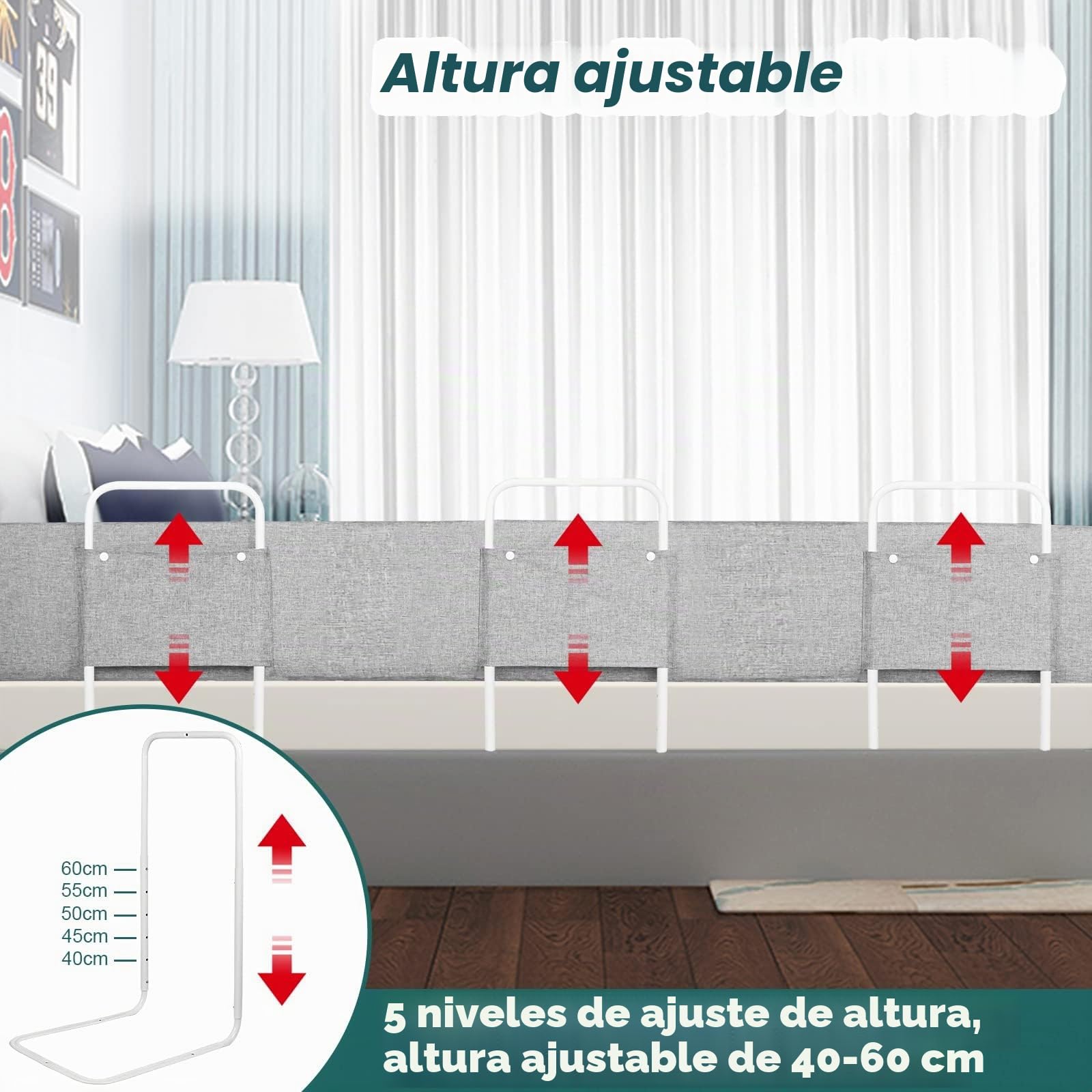 LZQ 2 barandillas de protección contra caídas, protección para los bordes de la cama, forma ajustable, altura ajustable para niños y bebés, gris, 150 cm