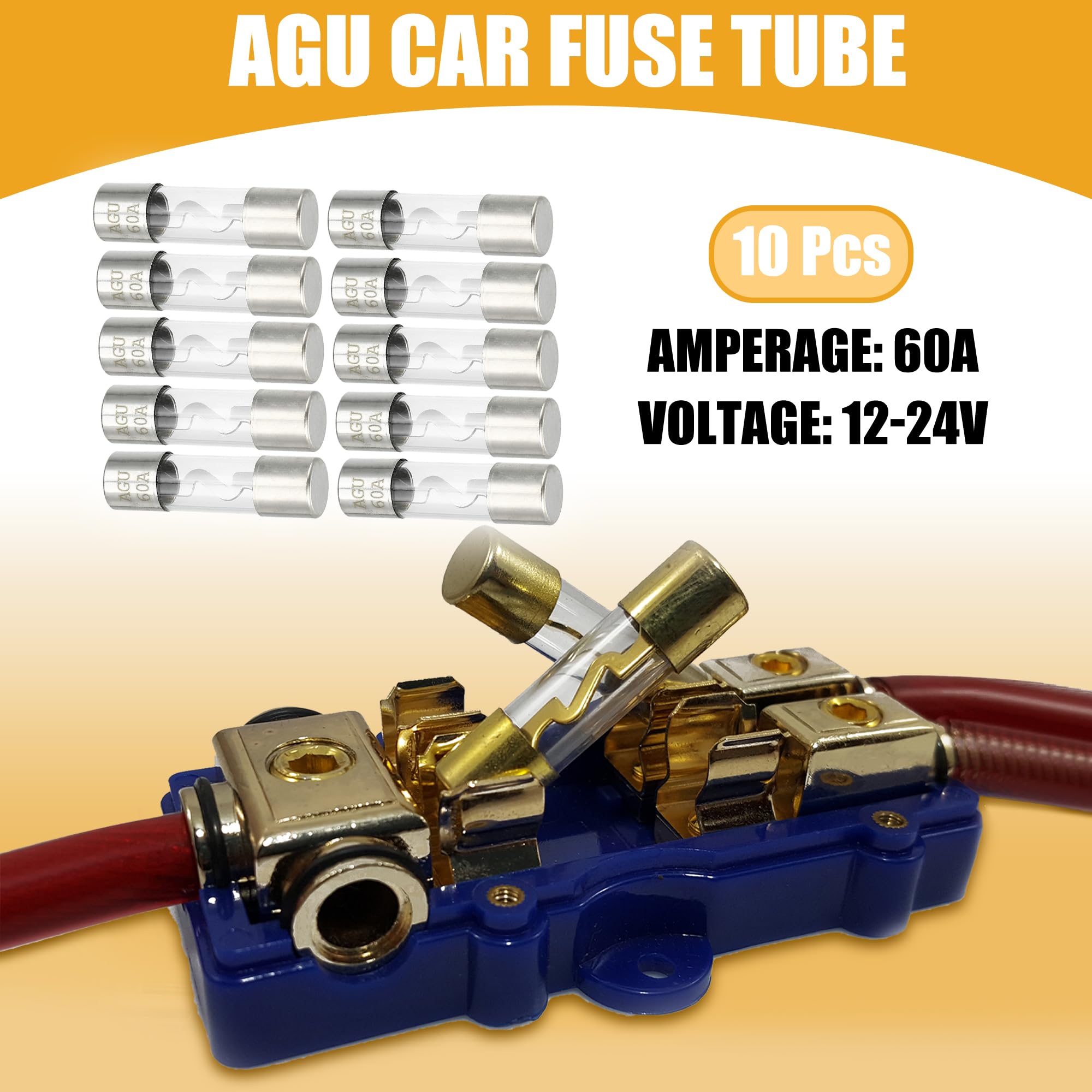 10 Stück 10x38mm 0,39x1,50 Zoll 60A Universal AGU Glassicherung - Kfz-Sicherungsröhre zum Schutz der Stromversorgung - Metall Silberton