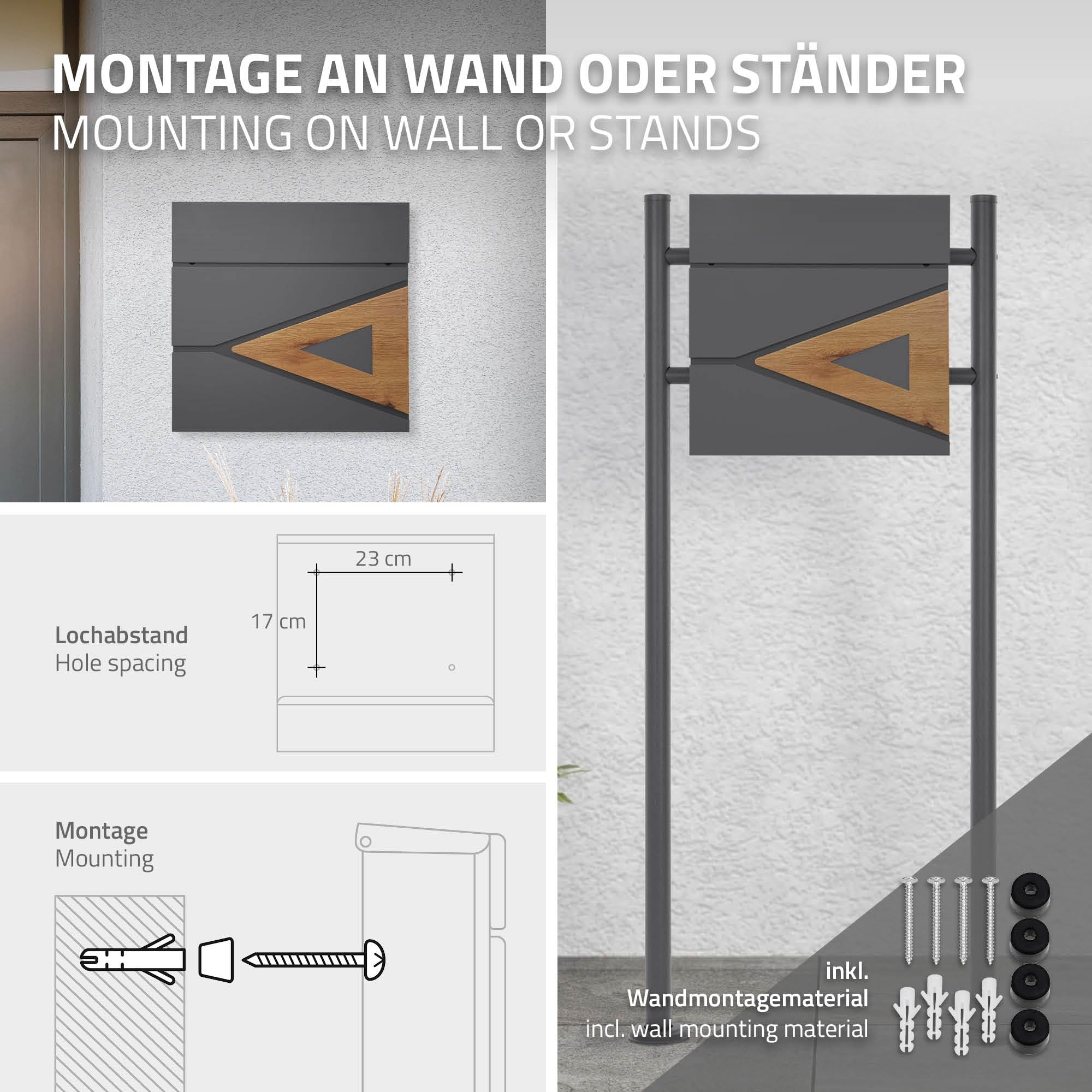 ML-Design Boîte aux Lettres 37x36,5x11 cm Anthracite/Optique Bois, en Acier, Boîte Postale avec Compartiment à Journaux/Courrier, Verrouillable avec 2 Clés, Murale, Design Moderne, avec Porte-Journaux