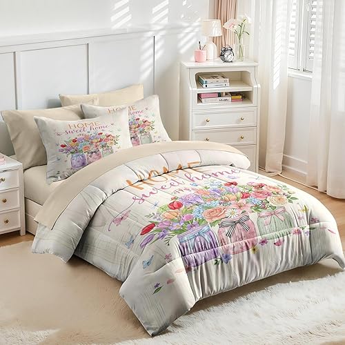 Miniatura 4 de Nesker Juego de edredón de primavera de 7 piezas, tamaño King, juego de ropa de cama de mariposas florales para niños y adultos, juegos de sábanas