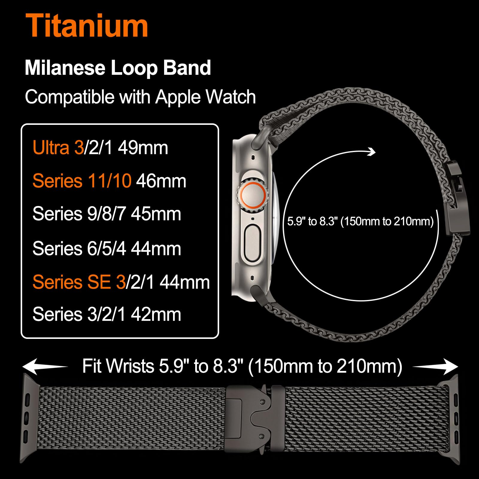 Dhwazz Titan Milanese Armband für Apple Watch Ultra 3 2 1 49mm, Armband mit Fallschirm Schnalle für Apple Watch Series 11 10 9 8 7 6 5 4 46mm 45mm 44mm / SE 3 2 1 Herren Damen