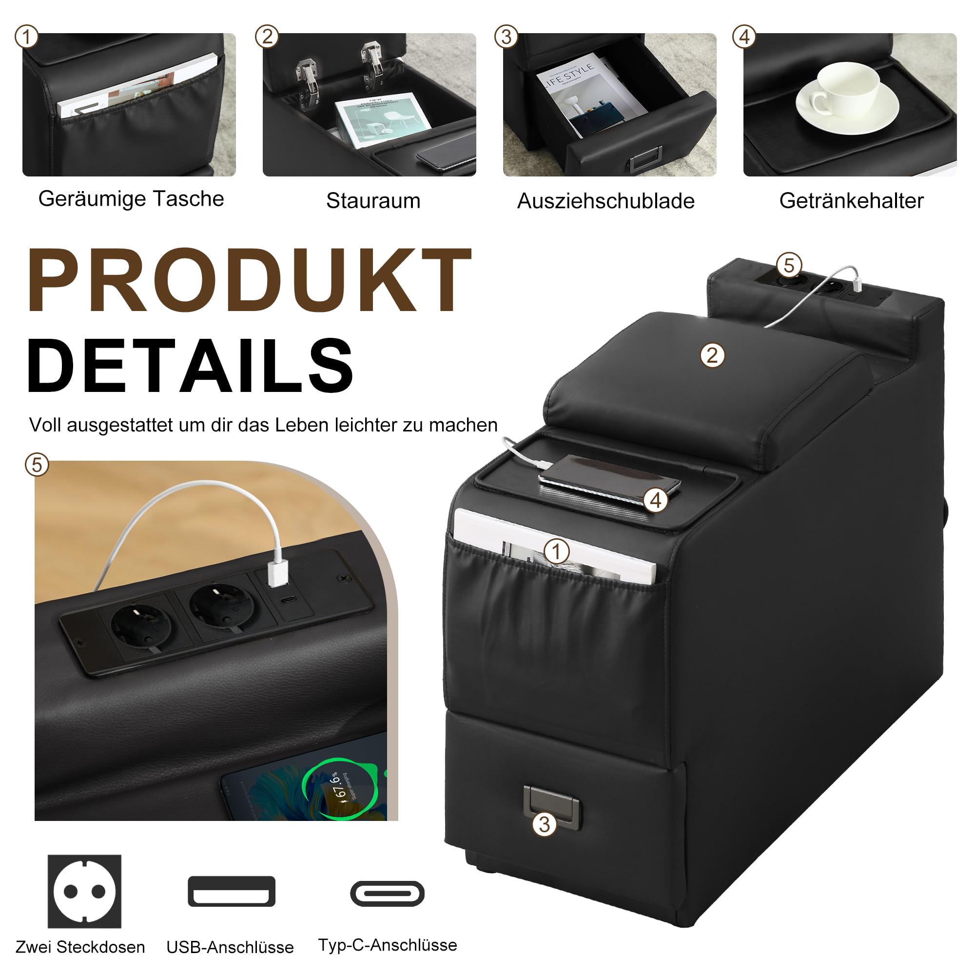 Elektrisch Verstellbar Relaxsessel mit Liegefunktion Kunstleder Fernsehsessel TV Sessel Massage Wärme LED USB bis 150 kg Schwarz 2er Set