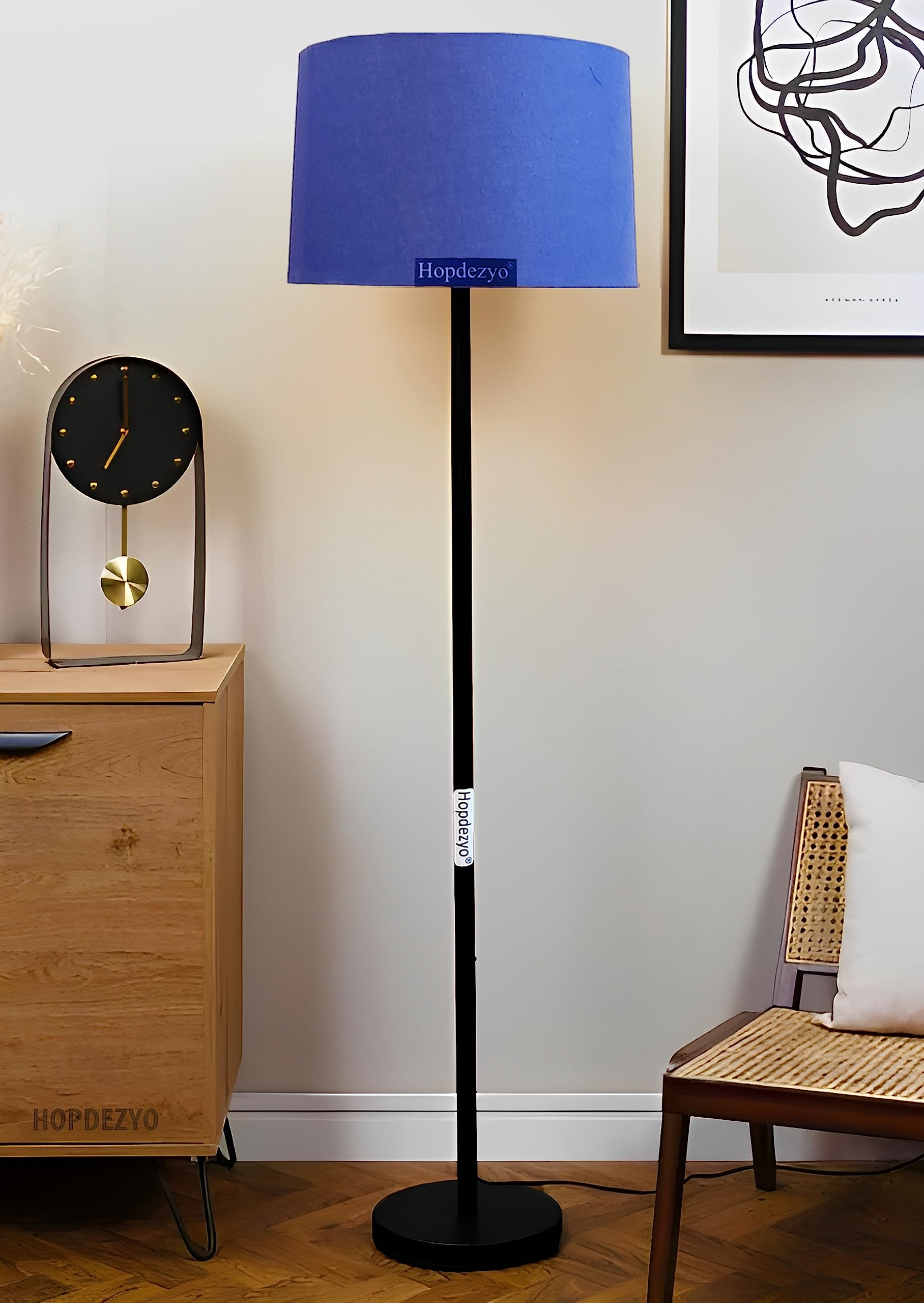 Hopdezyo Tall Metal Corner Floor Lamp With Blue Drum Shade for Home Decor, Living Room, Bedroom & Office