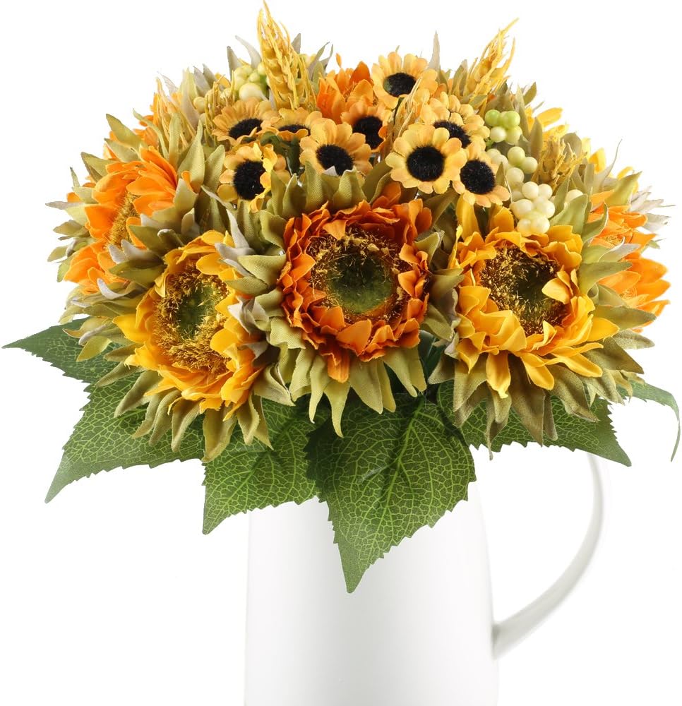 2 Bundles Artificial Sunflowers Bundle Silk Plants Faux Wedding Bride Bouquet Indoor Outdoor Fall Flower Table Centerpieces Arrangements Decorations