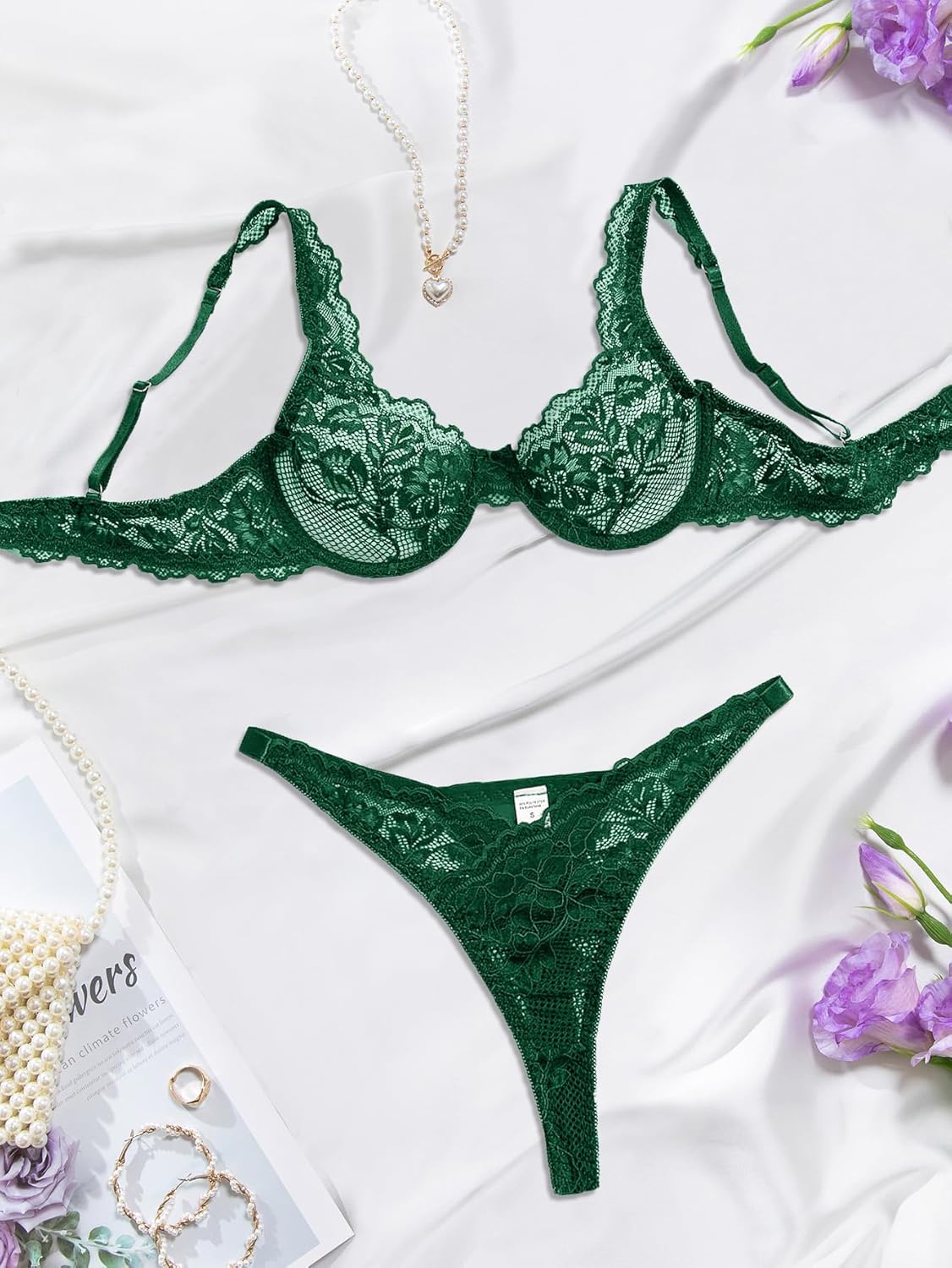 Sexy Scallop Floral Lace Mesh Sheer Underwire Lingerie Set 2 Piece - Image 5