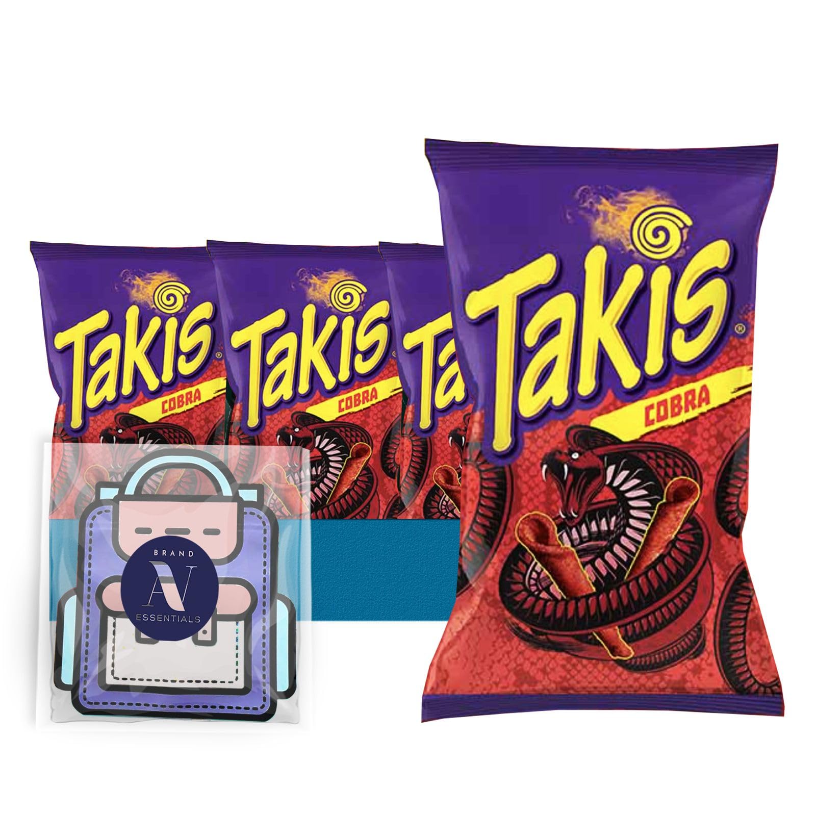 Takis - Lavinia Essentials Bundle: 4-Pack of Cobra Sharing Size Bag, Hot Chili Pepper Rolled Tortilla Chips 9.9 oz Bag + 1 Utility Prop
