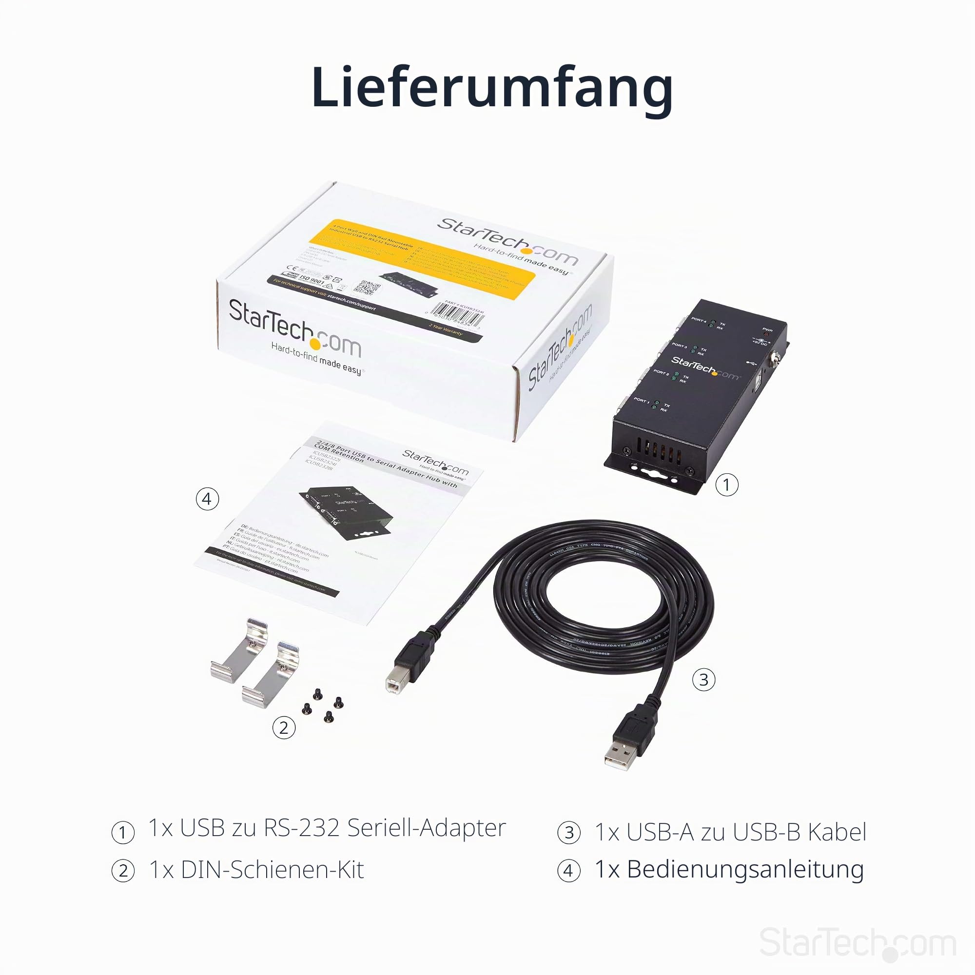 Starttech.Com ICUSB2324I Seriell Adapter (USB 2.0 auf DB-9) | Serieller Konverter mit robustem Gehäuse, COM-Beibehaltung nach Reboot, bis 921, 6 Kbit/s, DIN-Schienen-Clips
