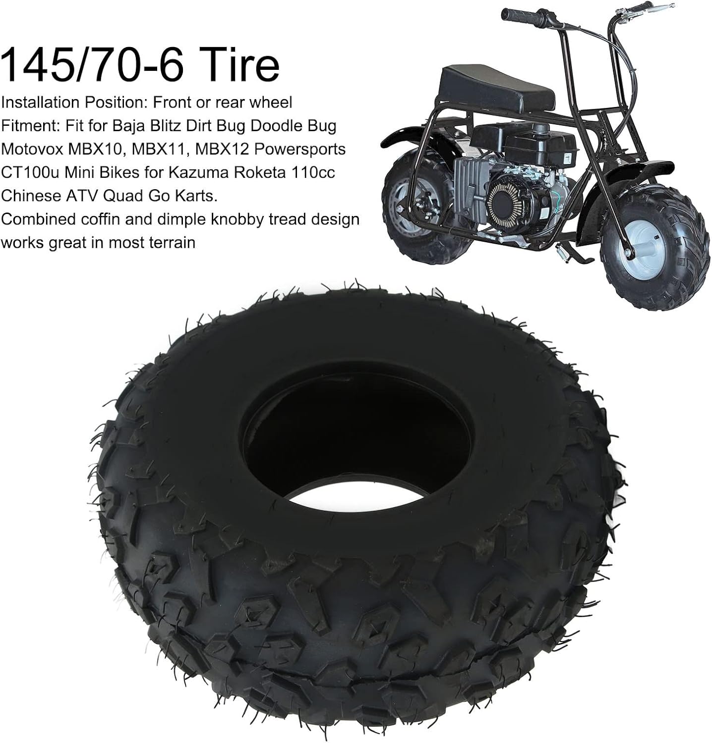 Asixxsix 145/70-6 Tire, 145x70x6 Tubeless ATV Go Kart Tires Replacement for Baja Dirt Doodle Motovox MBX10, MBX11, MBX12 Powersports CT100u Mini Bikes for Kazuma Roketa