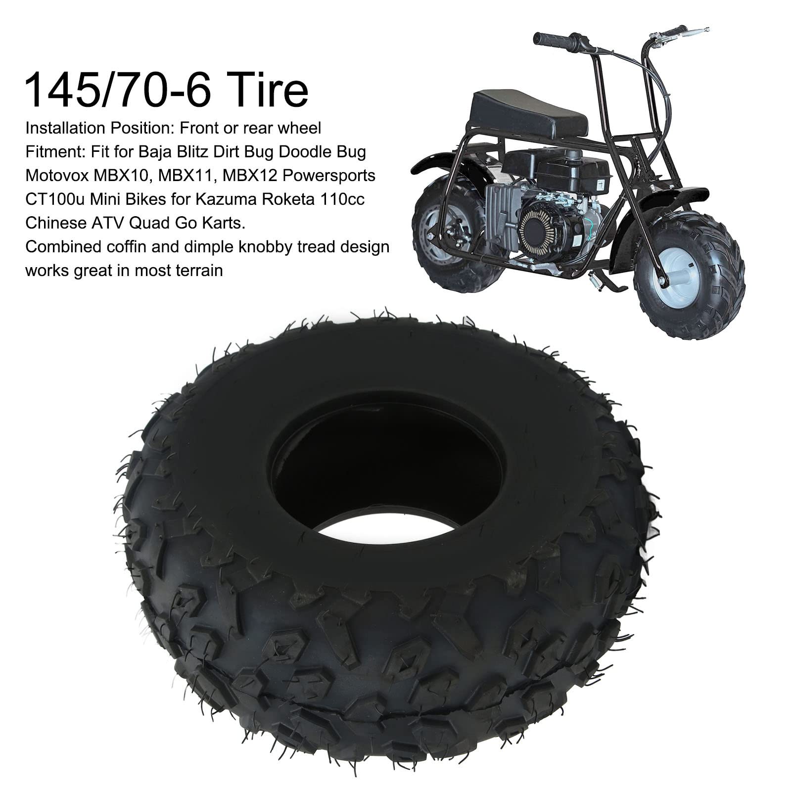 Pneumatico senza camera d'aria 145/70 6, battistrada in gomma tassellato a grande attrito Pneumatico senza camera d'aria ATV 24PSI anteriore posteriore per quad go kart
