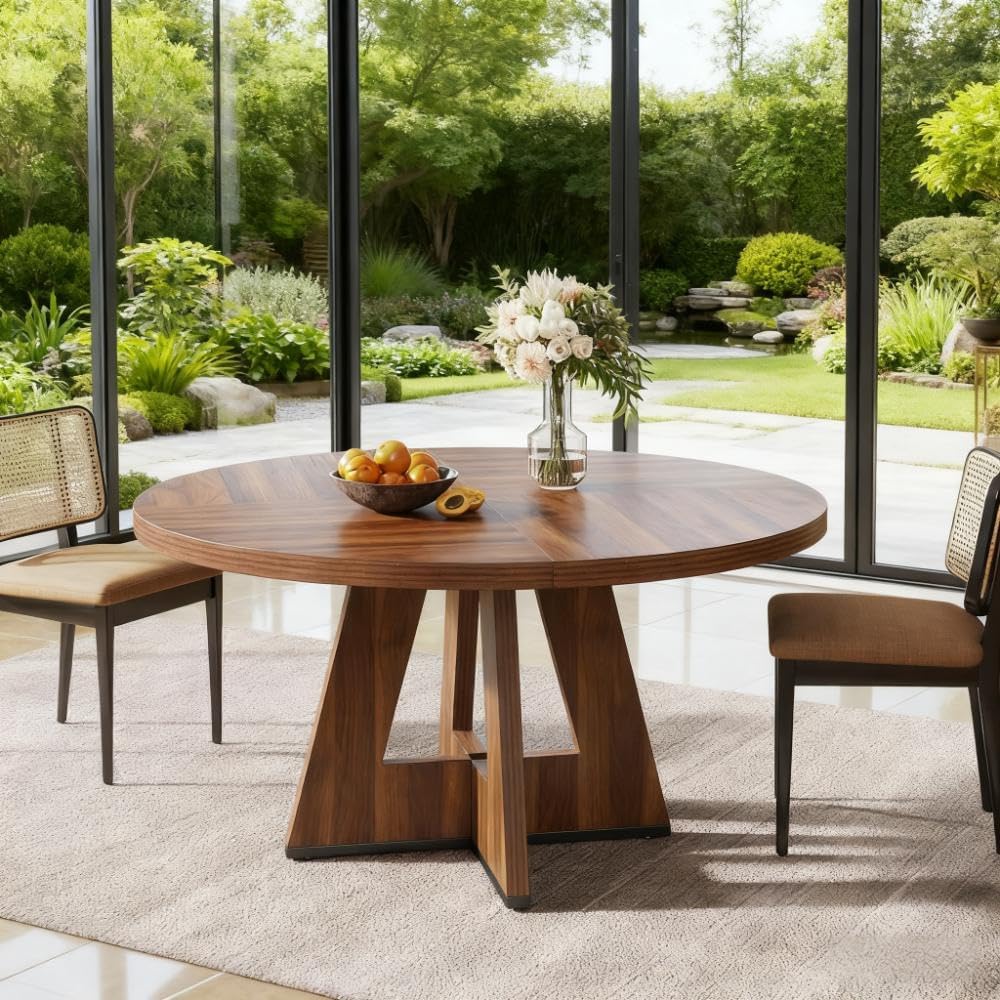 Penau 47 Inchs Round Dining Table, Engineered Wood Pedestal Table, Walnut Finish, Seats 4-6, Thick MDF Top, 47.24 x 47.24 x 29.53 Inchs, Easy Assembly
