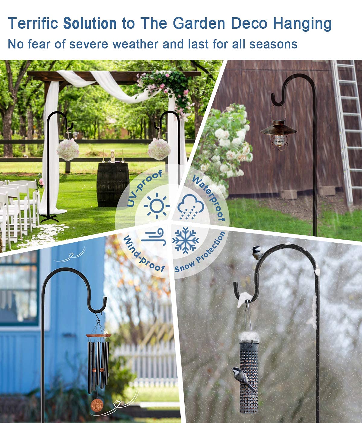 Artigarden 60 inch Outdoor Shepherd Hook with 5 Prong Base (2 Packs), Adjustable Heavy Duty Garden Hanging Stake for Bird Feeder Solar Light Plant Hanger Wedding Decor, Matte Black