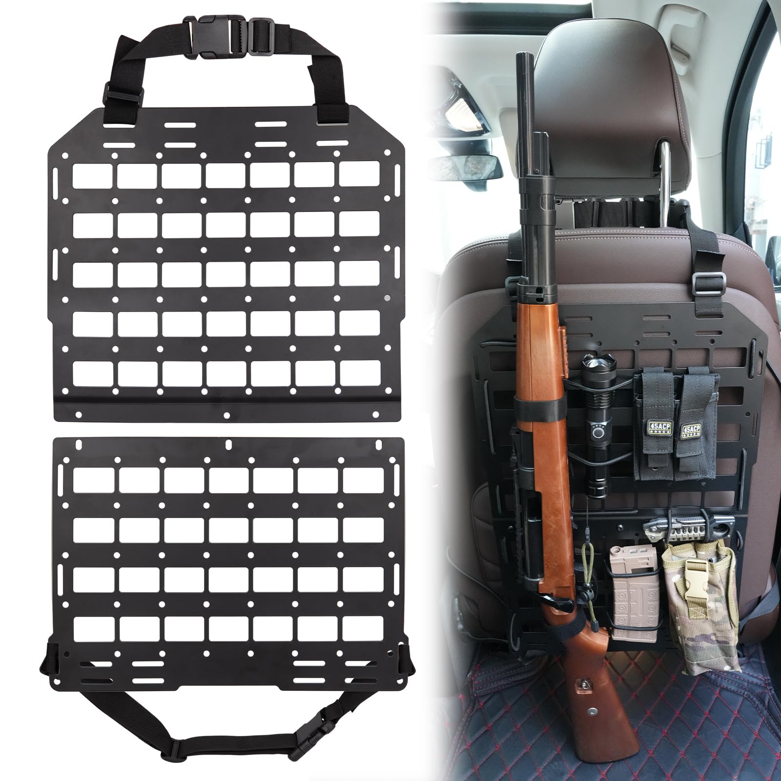 Pridefend Heavy Duty Rigid Tactical Seat Back Gun Rack with Molle Panel Vehicle Gun Holder,All-Steel Tactical Seat Back Organizer for Hunting Rifles/Shotguns