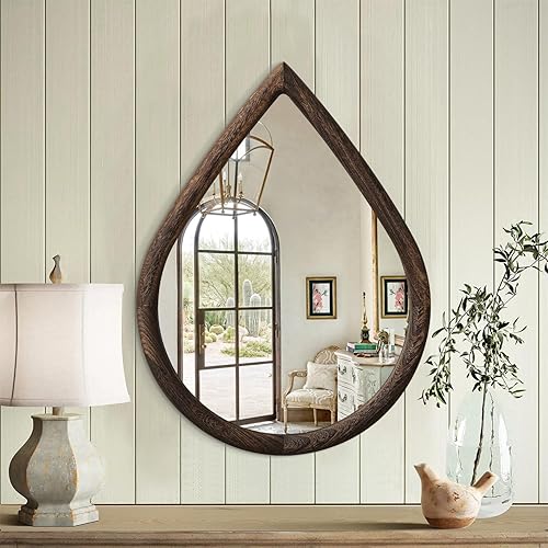 Miniatura 3 de Espejos de marco de madera para pared, espejos colgantes rústicos retro en forma de gota, espejo de pared irregular para baño, dormitorio, 16 x 20