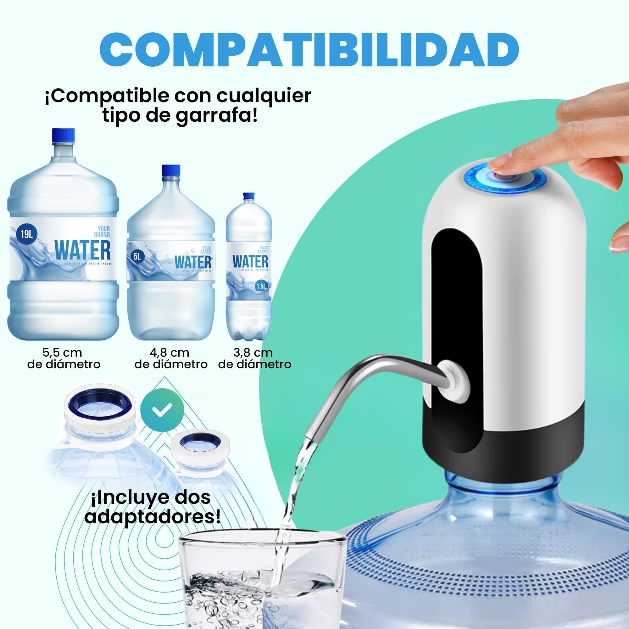 Distributore di acqua, rubinetto elettrico per lattine di acqua fredda, pompa dosatrice con due adattatori. 5,7L, 10L, 11,3L, 15L, 18,9L.