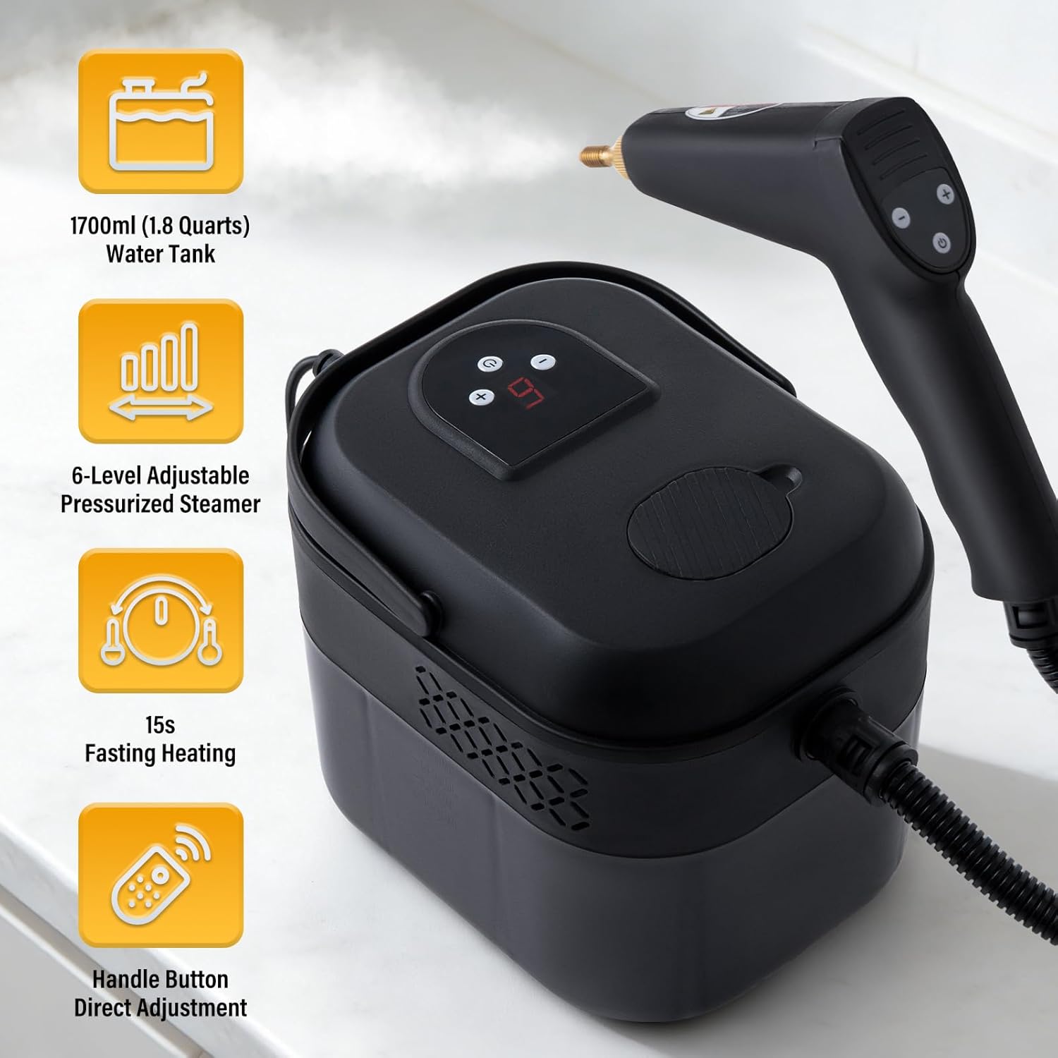 Lamberia Steam Cleaner with 16pcs Accessories, 2500W 1700ml 1.8 Quarts Tank, 6-Level Adjustable Portable Handheld Pressurized Steamer, 15s Heat-Up Steam Cleaner for Home, Car, Kitchen(Black, US Plug)