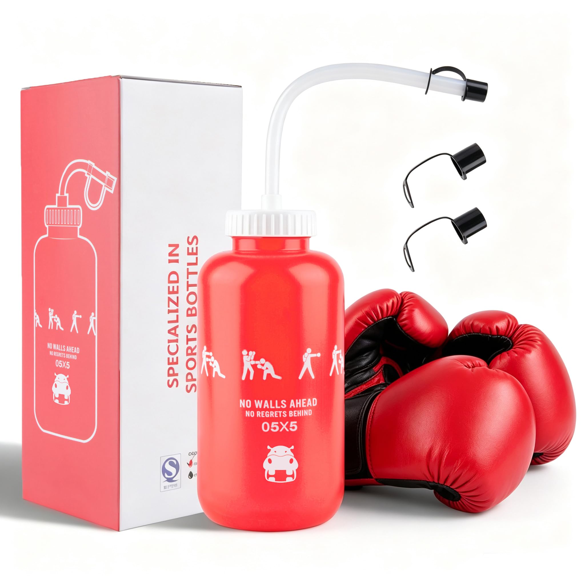 SHOKE Quetsch-Sport-Trinkflasche, Box-Wasserflasche mit langem Strohhalm, BPA-frei, quetschbar, 1 Liter, Hockey-Wasserflasche aus Kunststoff, auslaufsicher, für Fußball, Hockey, Lacrosse, 900 ml, Rot