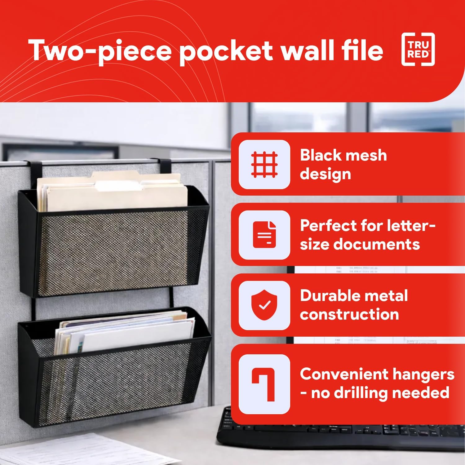 TRU RED Mesh Letter Wall File, 1‑Pocket Hanging Organizer, Black, 2‑Pack – Wall‑Mounted Office, Door & Cubicle File Holder