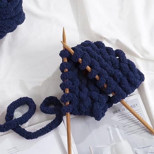 Miniatura 4 de HOMBYS Hilo de felpilla grueso azul marino para tejer, hilo grueso y esponjoso para tejer, hilo grueso súper voluminoso para tejer a mano, hilo de