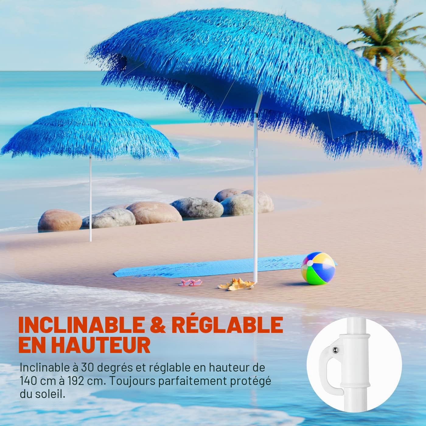 Kingsleeve® Parasol inclinable Hawaii 192 cm bleu Parasol de plage Ø 160 cm réglable Jardin terrasse extérieur