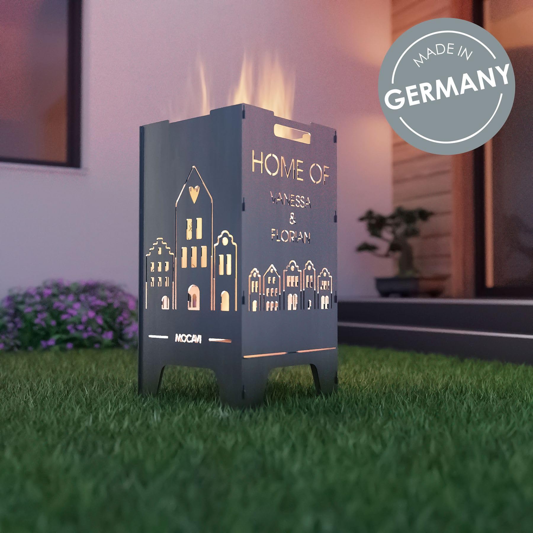 MOCAVI Feuertonne Home 73 cm | 3 mm Stahl personalisiert Feuerkorb Feuerschale sicher massiv robust Design-Feuerfass für Garten und Terrasse groß eckig Feuerstelle Outdoor hitzefest außen