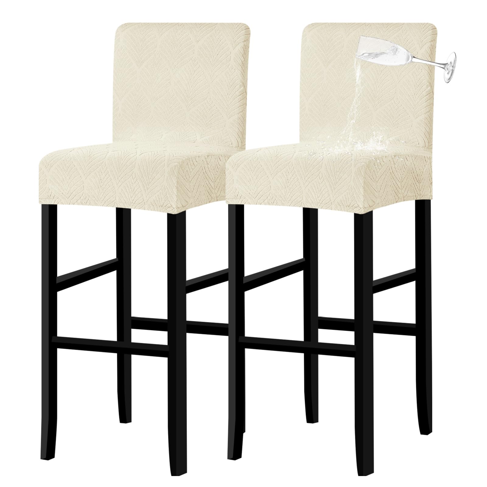 Lellen Waterproof Bar Stool Covers Set of 2，Stretch Washable Barstool Seat Covers Removable Bar Chair Covers with Backs,Counter Height Bar Stool Chair Covers for Kitchen Dining Room Cafe（Cream）