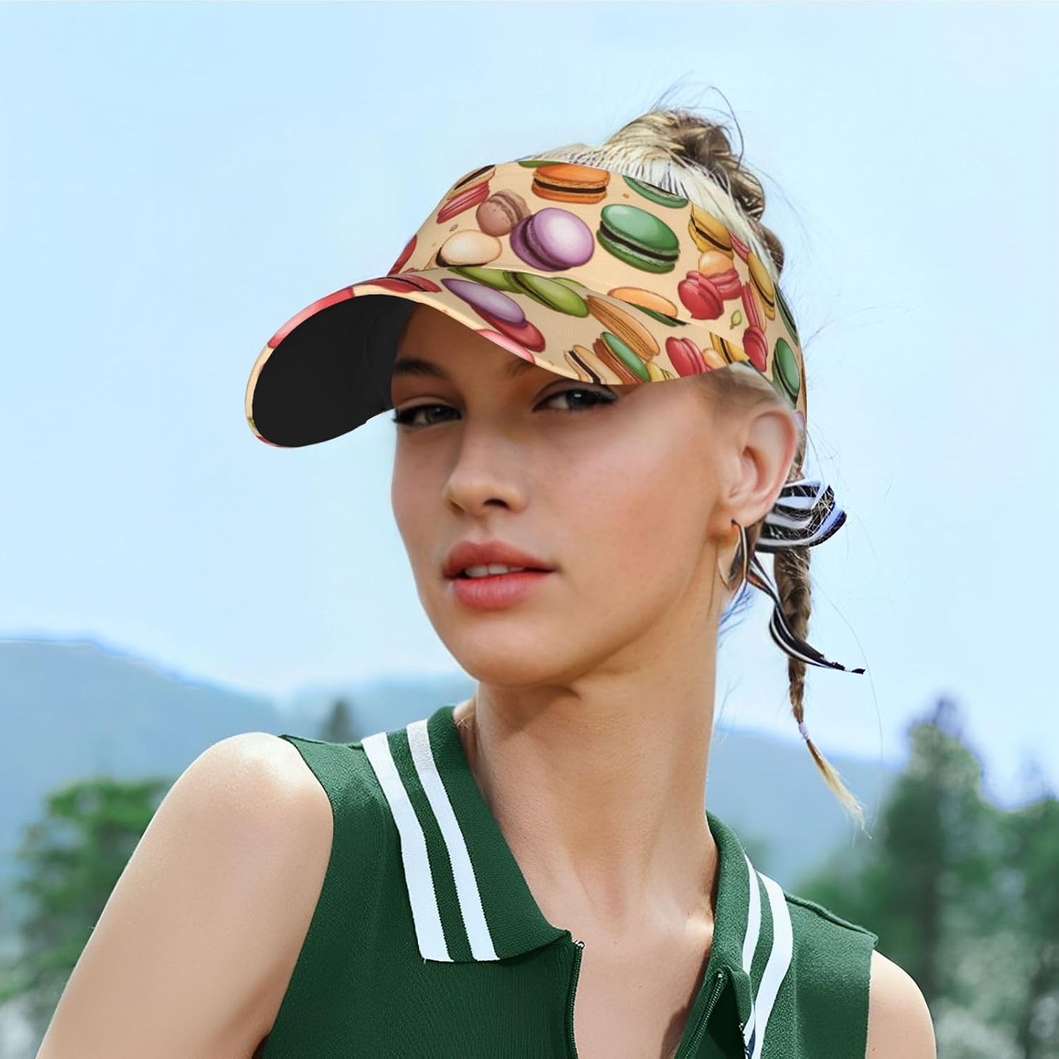 Macaron Biscuit Flavored Print Foldable Sun Visor Hat Lightweight Adjustable Sun Visor Hat Outdoor Sports Cap for Adults Black