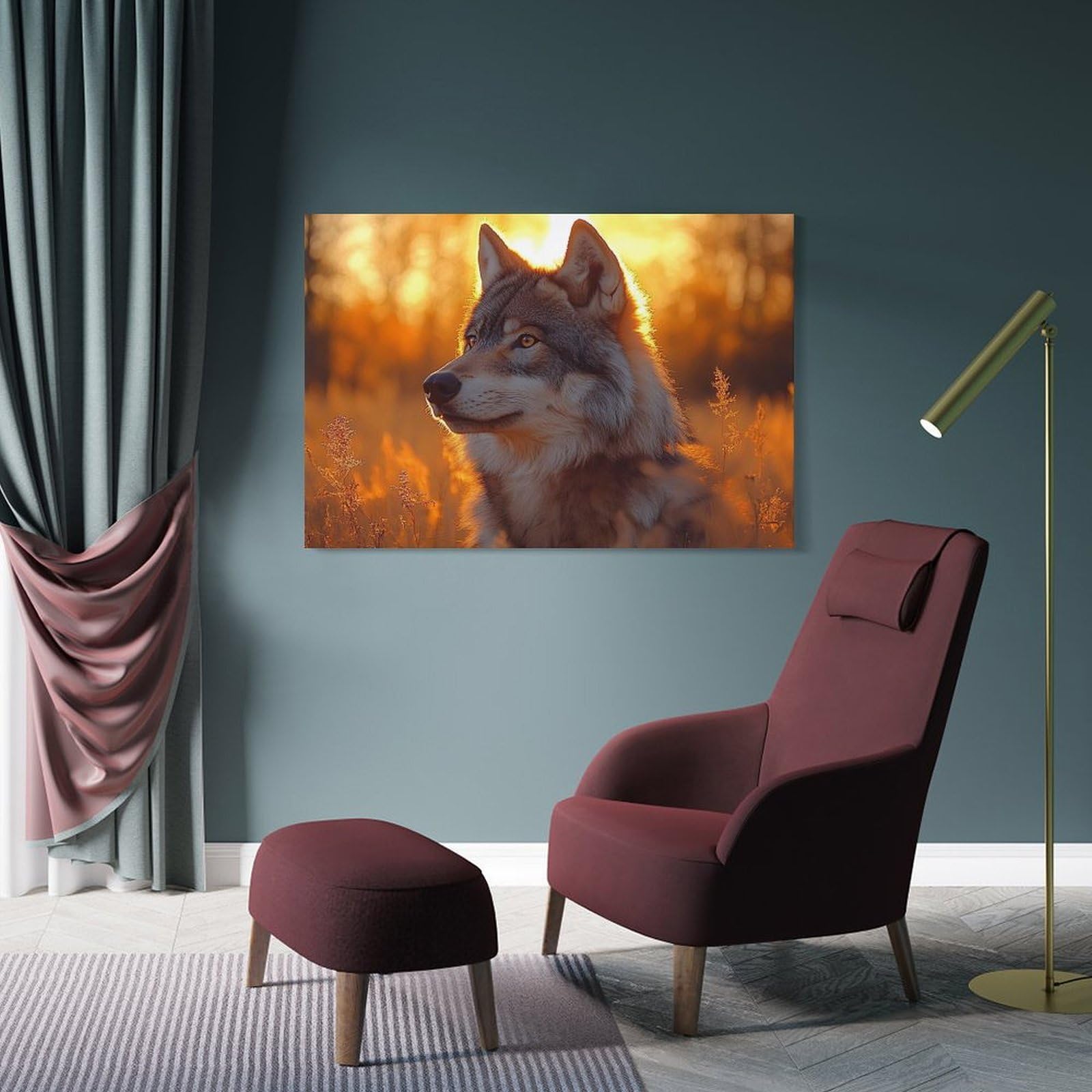 Junmoney Wall Art Print Wolf Portrait in Golden Light, 20x30inch(50x75cm), for Bedroom Decor, Cosy Corners Or Studios, Decorative Wall Art for Cosy Rooms