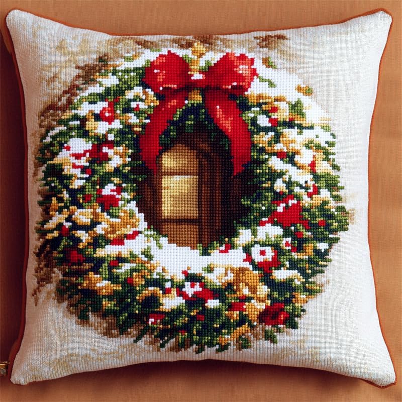 Walluminati 11CT Stamped Cross Stitch Pillow Kits, Christmas Wreath Embroidery Pillow Cases Stamped Embroidery Kit Cross Stitch Pillow Cases Handmade Cushion Cover for Home Decor 18x18inch
