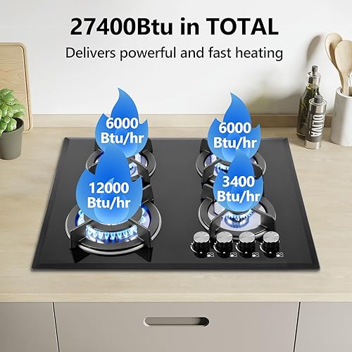 Miniatura 2 de Estufa de Cocina de Gas de 4 Quemadores 24 Pulgadas, Placa de Vidrio Integrada con Quemadores de Gas, Compatible con NG/LPG o Uso con Propano o Gas