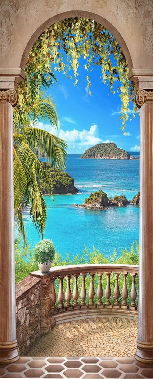 A.Monamour Türtapete Selbstklebend Türfolie Türposter 3D Blauer Meer Blick Durch Balkonbogen Vinyl Folie Türdeko Tapete Wandbild Türaufkleber Türtattoo 95 x 215 cm